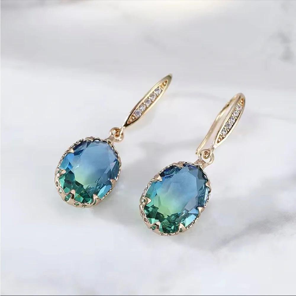 New Bright Oval Gemstone Pendant Temperament Tourmaline Earrings - Picture 2 of 8